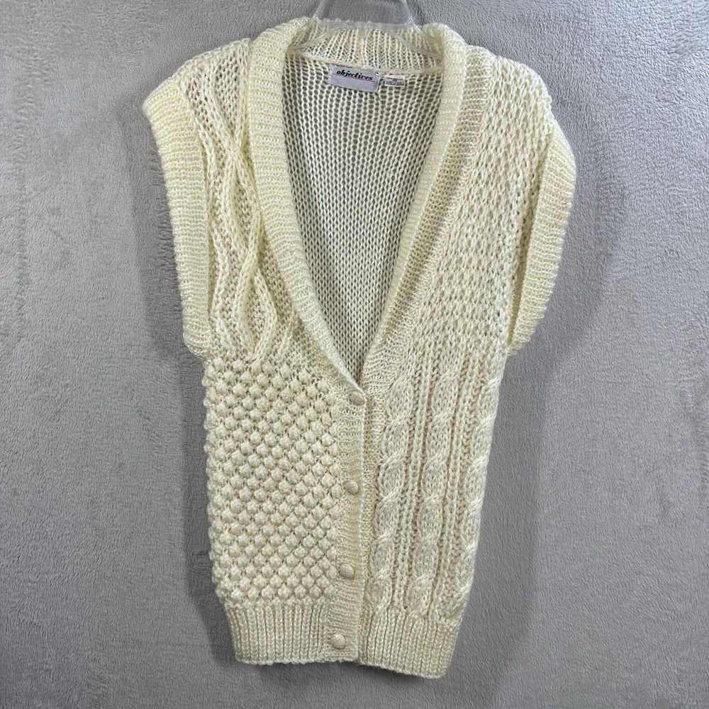 Vtg Objectives Womens Button Front Cardigan Vest Ivory Cableknit Grandmacore S
